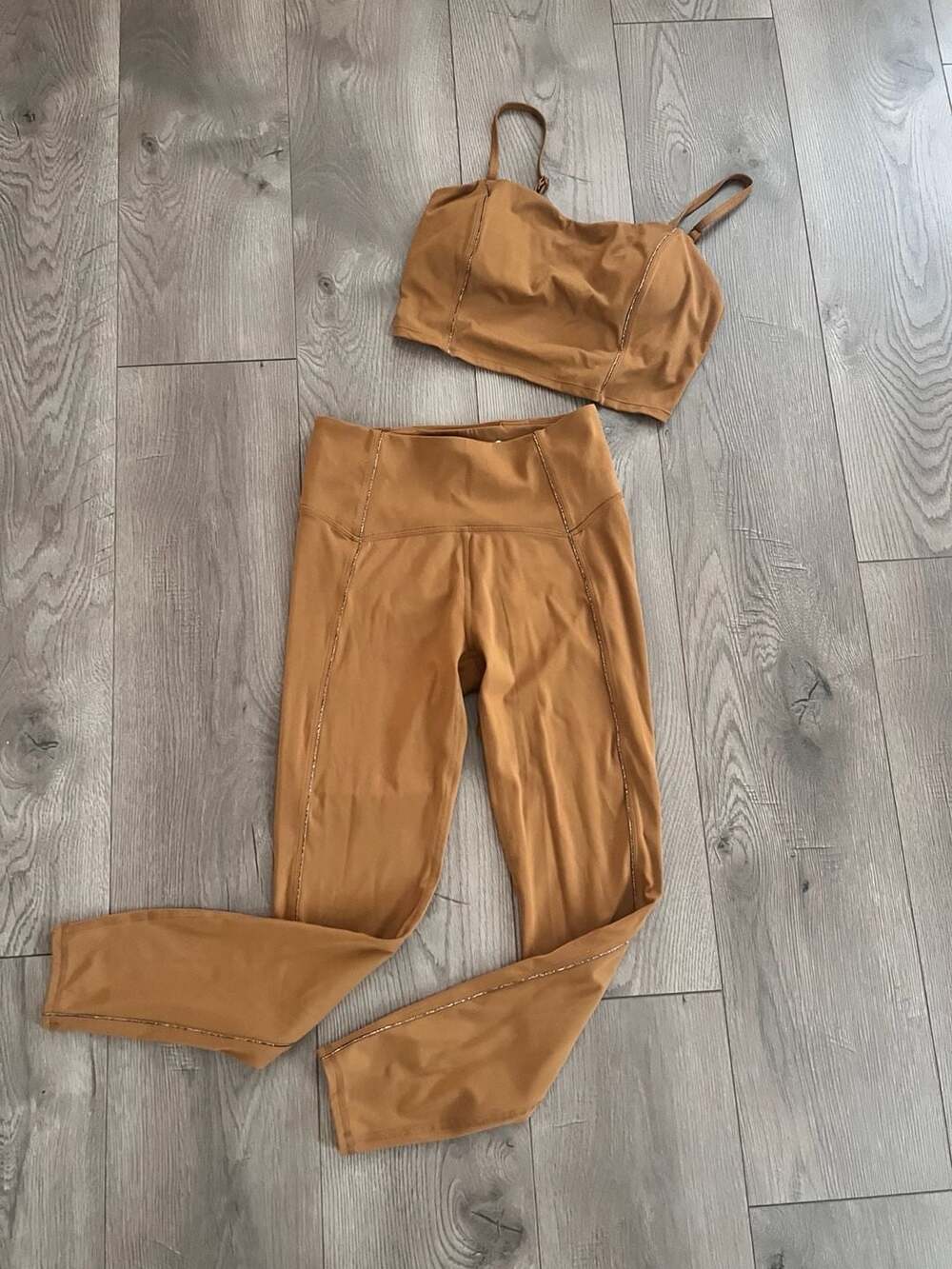 JoyLab 2-Piece Activewear Set Brown with Metallic Piping Sport Bra and Leggings